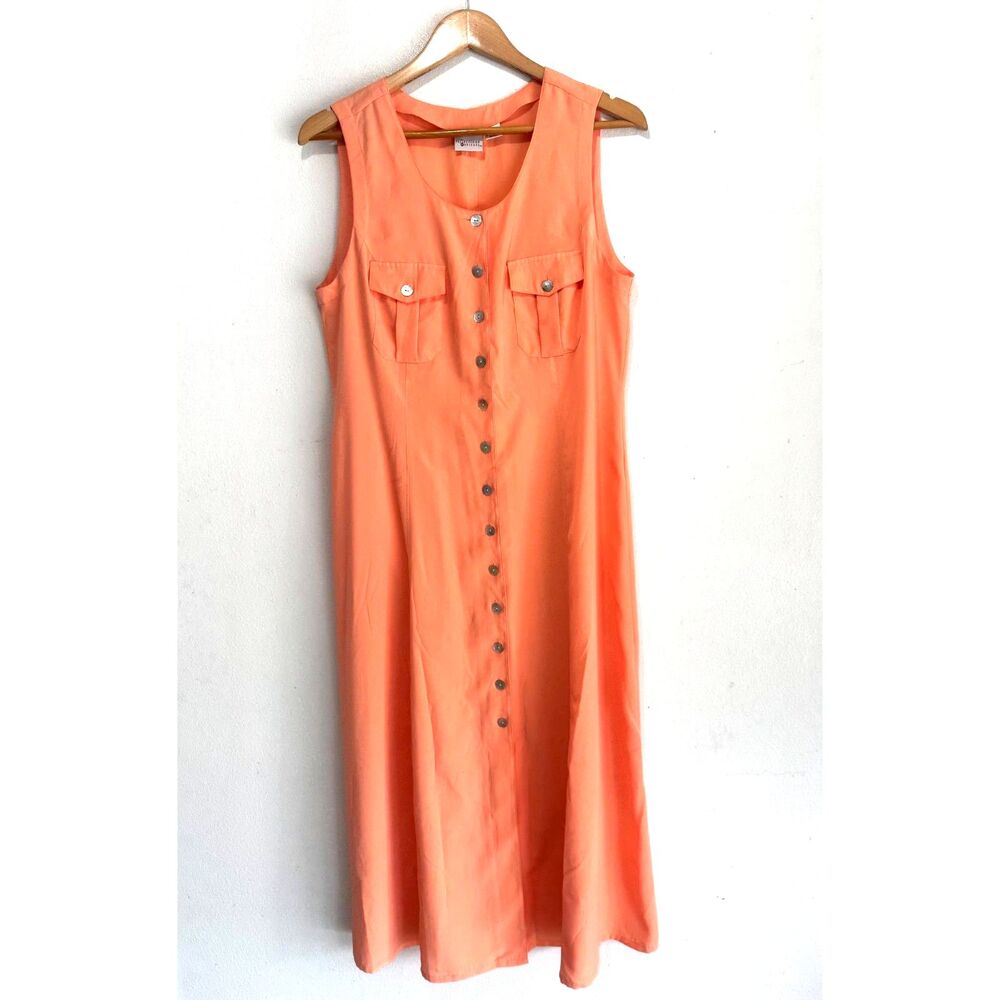 Reflections button up VTG dress Hong Kong summer orange lagenlook women 12